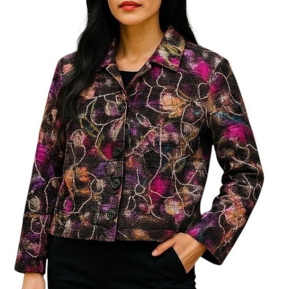 Chico's Colorful Tweed Wool Jacket Artsy Embellished Button Front Blazer 1 M Art
